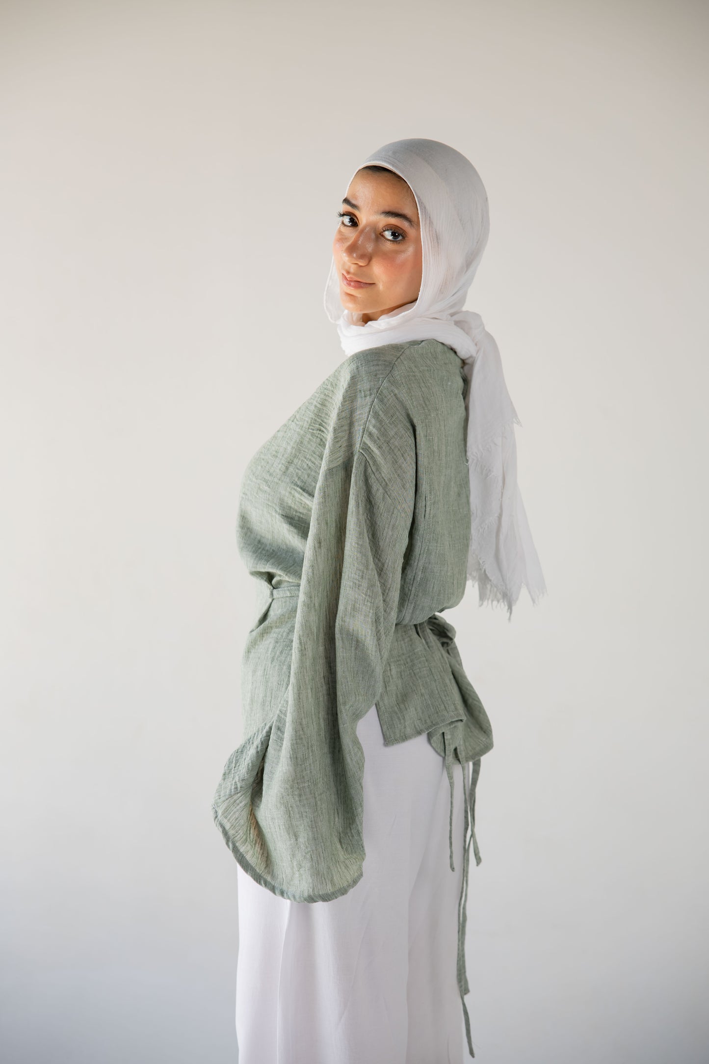 Iris linen top in sage green