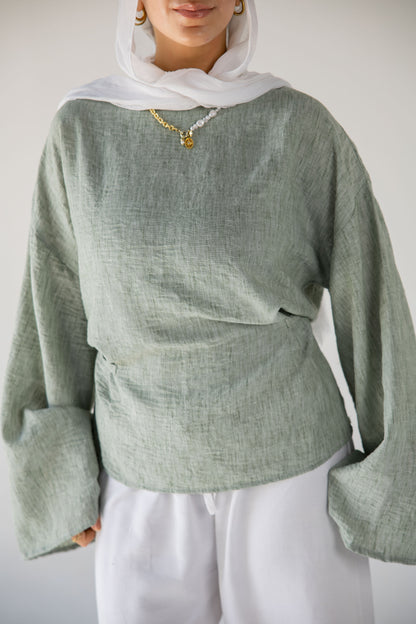 Iris linen top in sage green