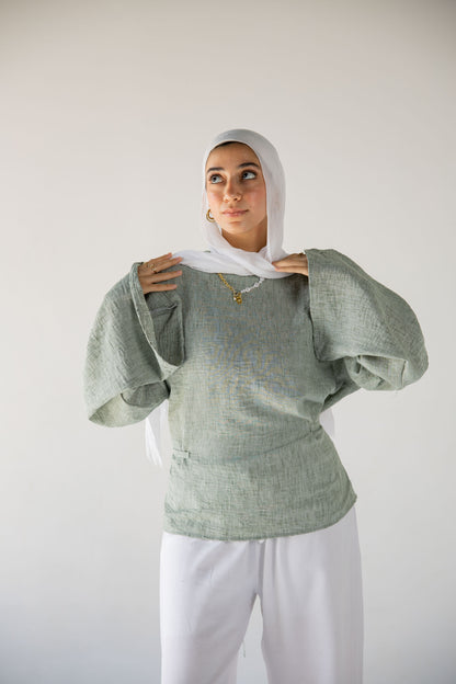 Iris linen top in sage green