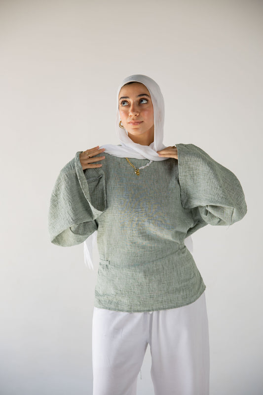 Iris linen top in sage green