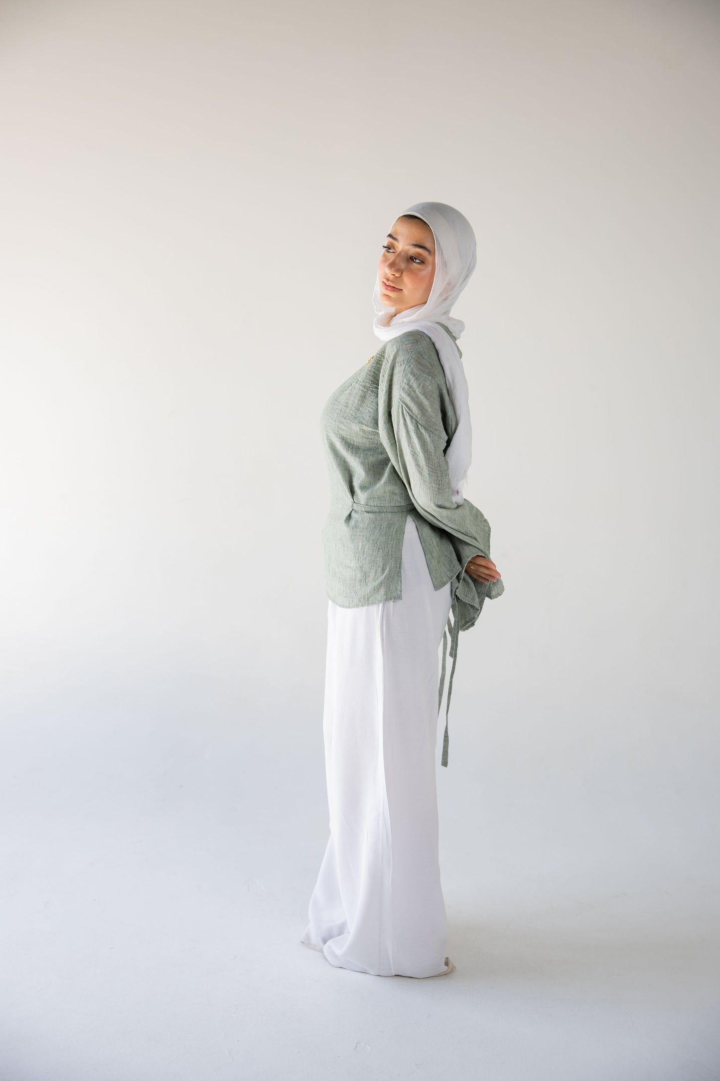 Iris linen top in sage green