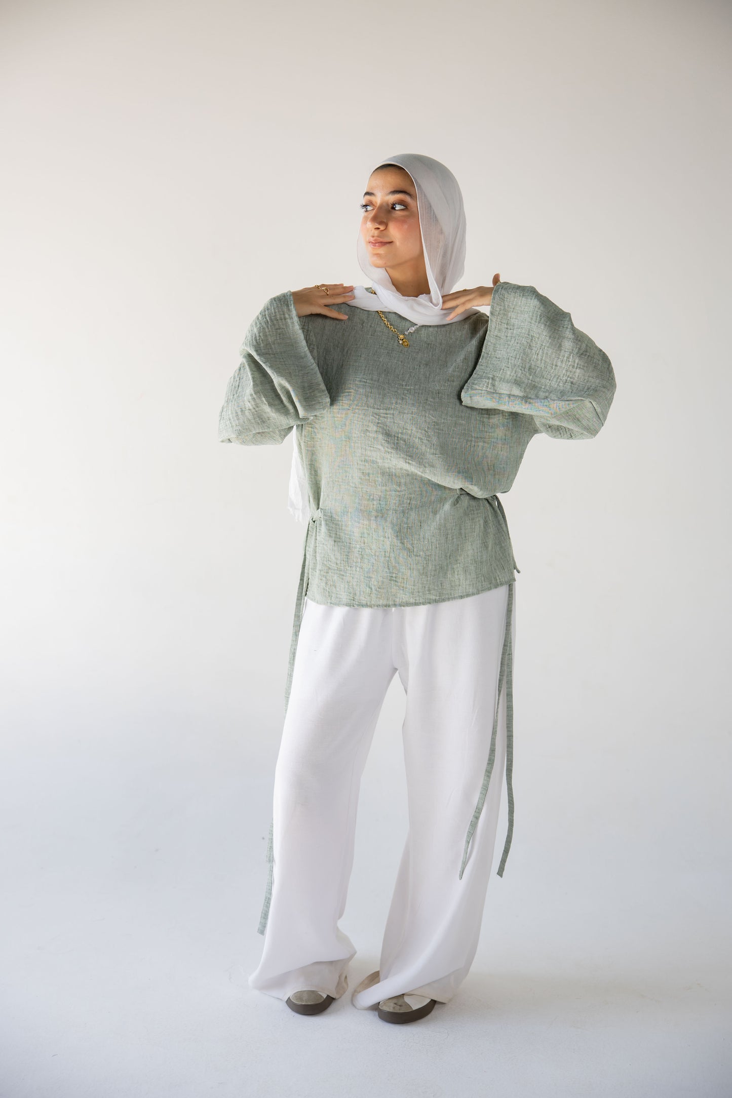 Iris linen top in sage green
