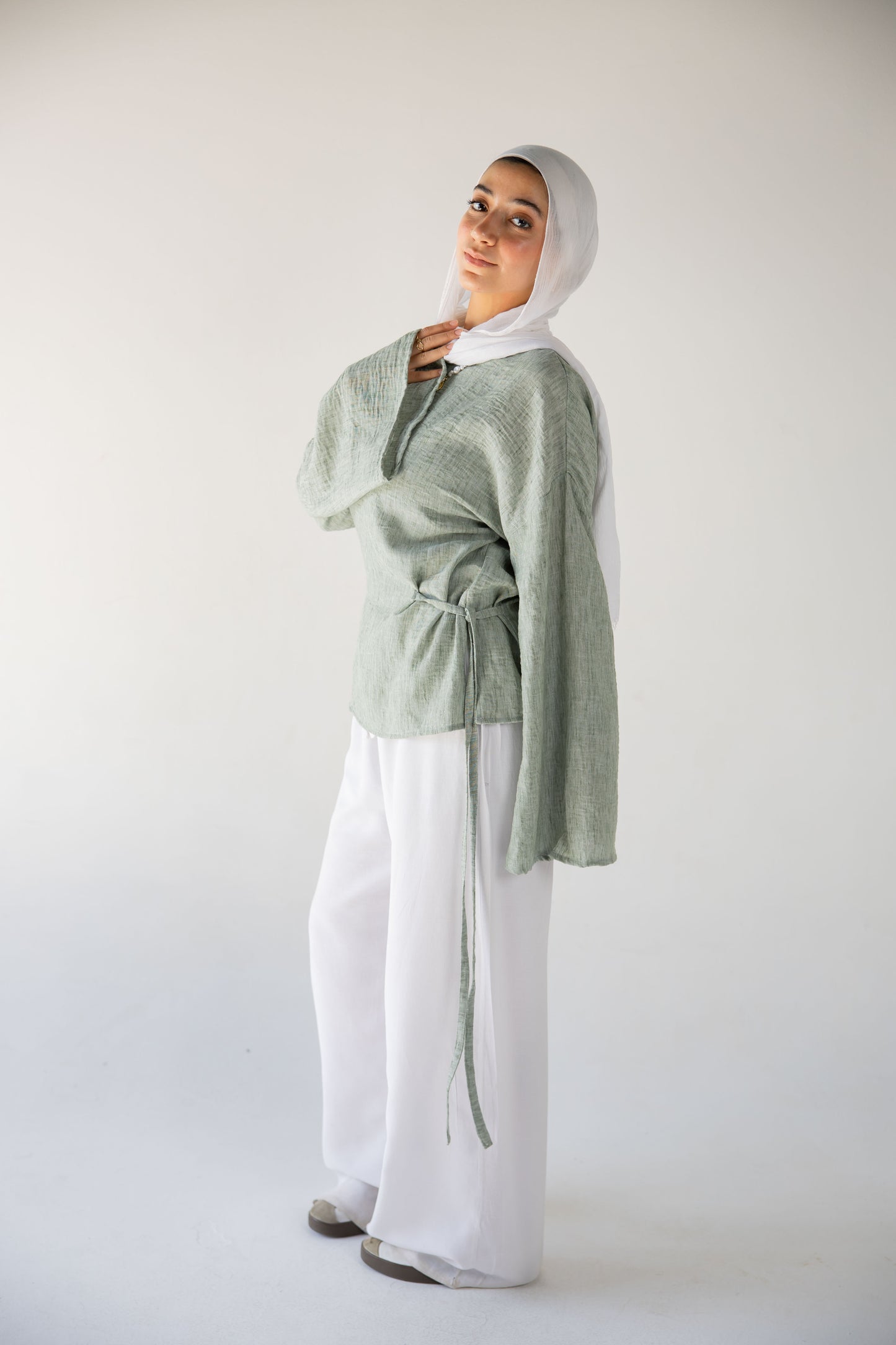 Iris linen top in sage green